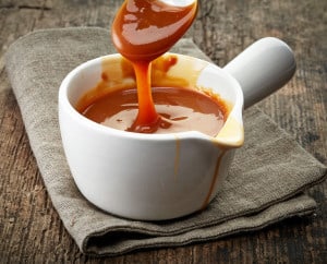 34662901 - bowl of melted caramel sauce on old wooden table